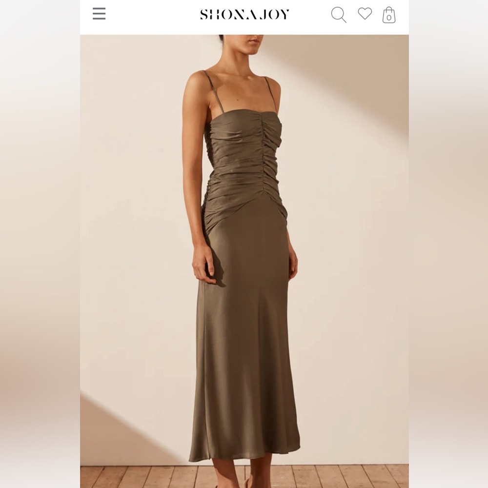 NWT Shona Joy Pine Olive Green Ruched Bodice Dress